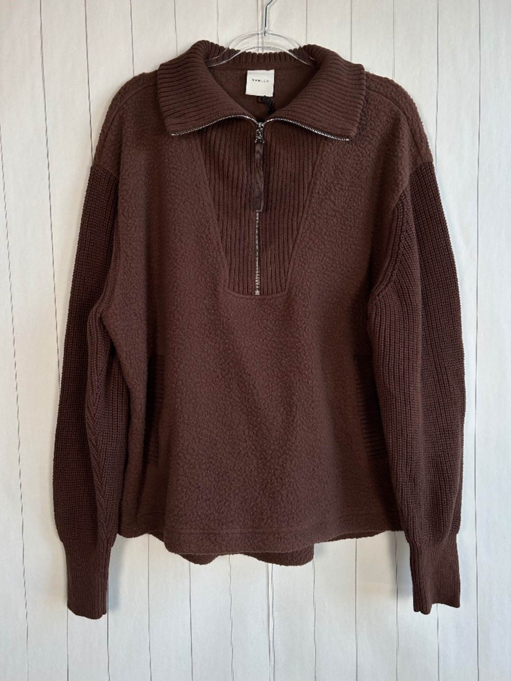 Varley size L Theresa half zip fleece combo sweater brown ribbed w pockets NEW